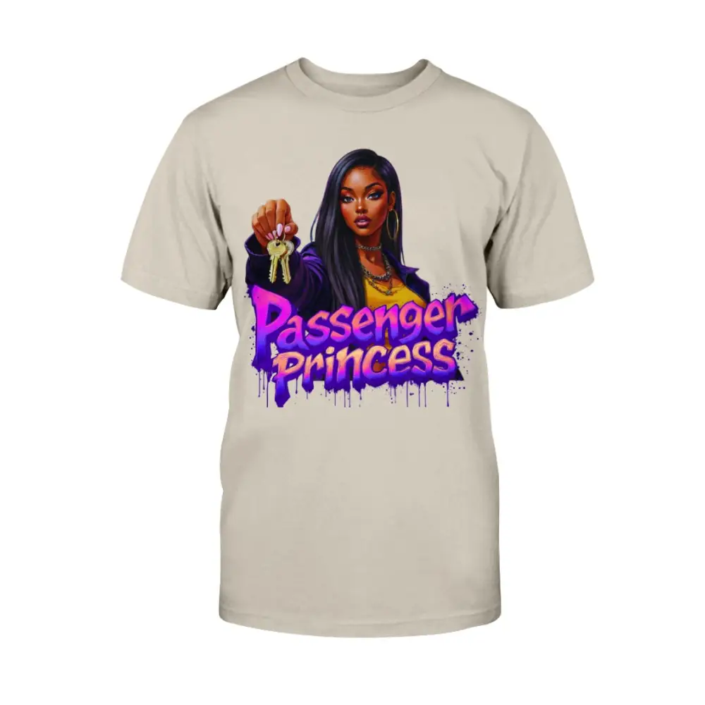 “Passenger Princess™ graphic t-shirt by Hood Vibez Pretty Bitch Flock featuring bold urban streetwear design with confident woman illustration holding car keys, trendy women’s statement tee, beige fashion graphic shirt.”