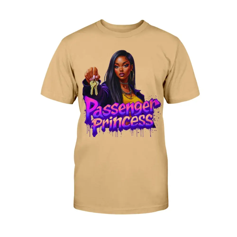“Passenger Princess™ graphic t-shirt by Hood Vibez Pretty Bitch Flock featuring bold urban streetwear design with confident woman illustration holding car keys, trendy women’s statement tee, khaki color fashion graphic shirt.”