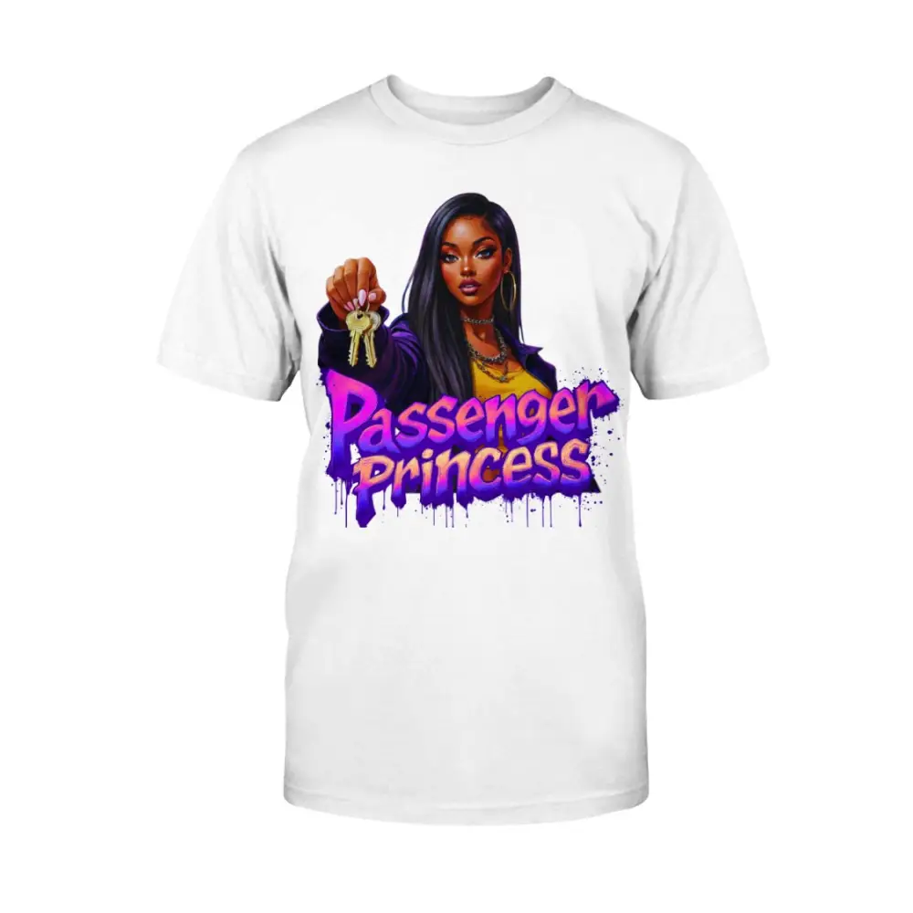 “Passenger Princess™ graphic t-shirt by Hood Vibez Pretty Bitch Flock featuring bold urban streetwear design with confident woman illustration holding car keys, trendy women’s statement tee, white fashion graphic shirt.”
