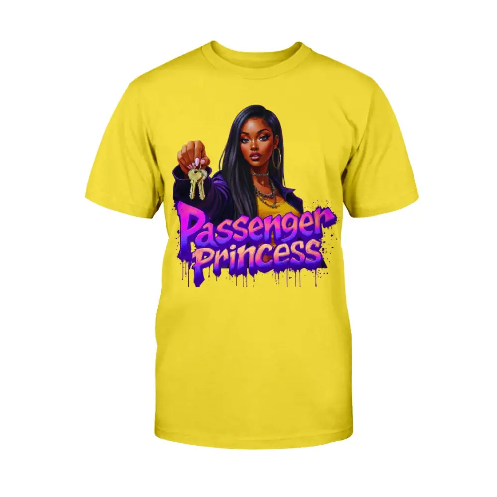 “Passenger Princess™ graphic t-shirt by Hood Vibez Pretty Bitch Flock featuring bold urban streetwear design with confident woman illustration holding car keys, trendy women’s statement tee, yellow fashion graphic shirt.”