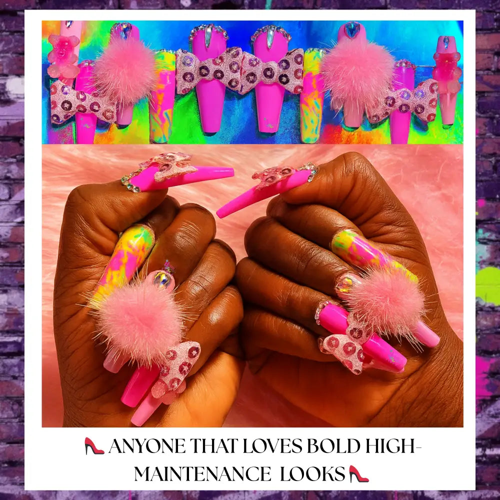 Colorful false nails with fluffy tips and decorative clips on a vibrant background.