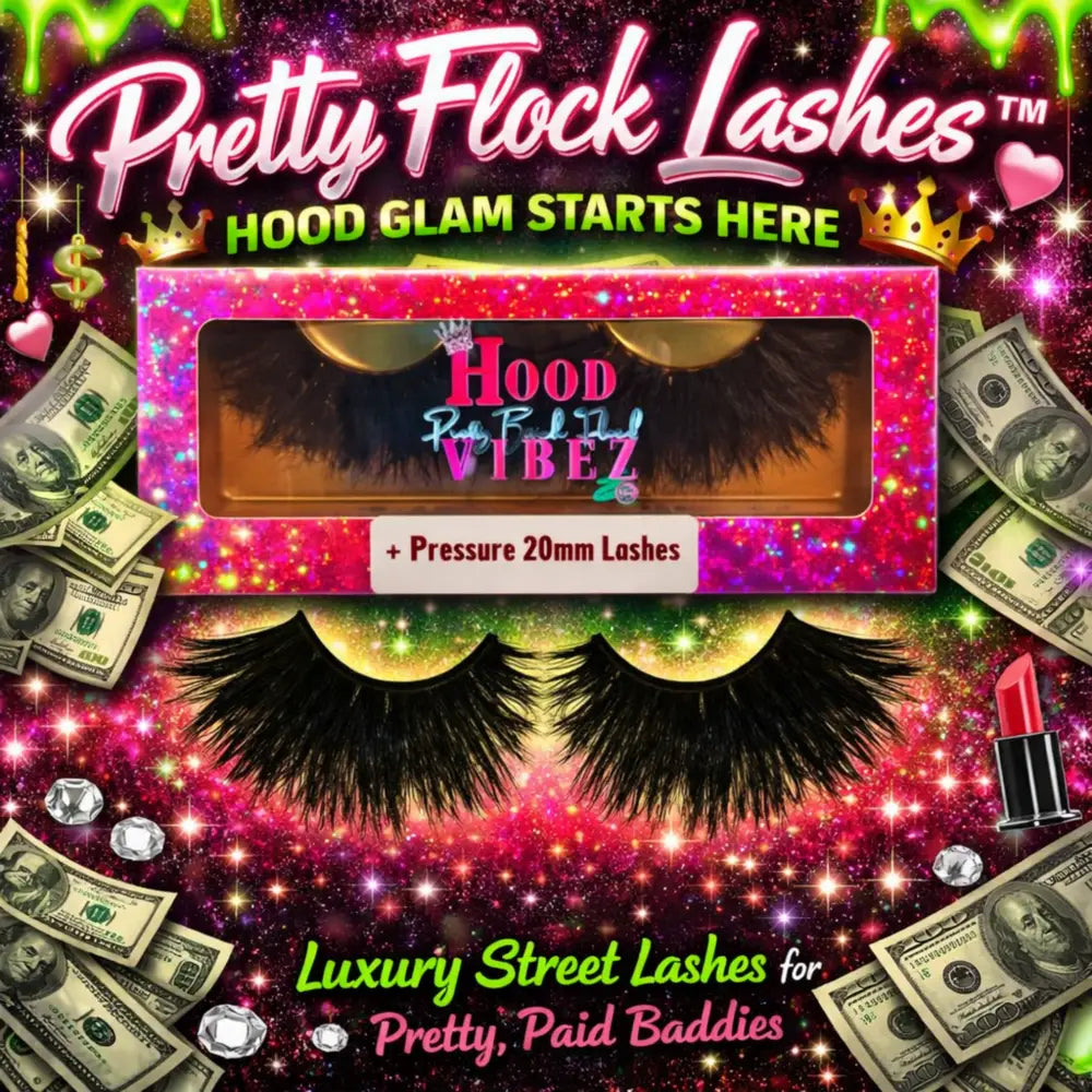 Pressure Lashes 20mm bold fluffy false lashes by Hood Vibez Pretty Bitch Flock in glitter luxury packaging from the Pretty Flock Lash Collection