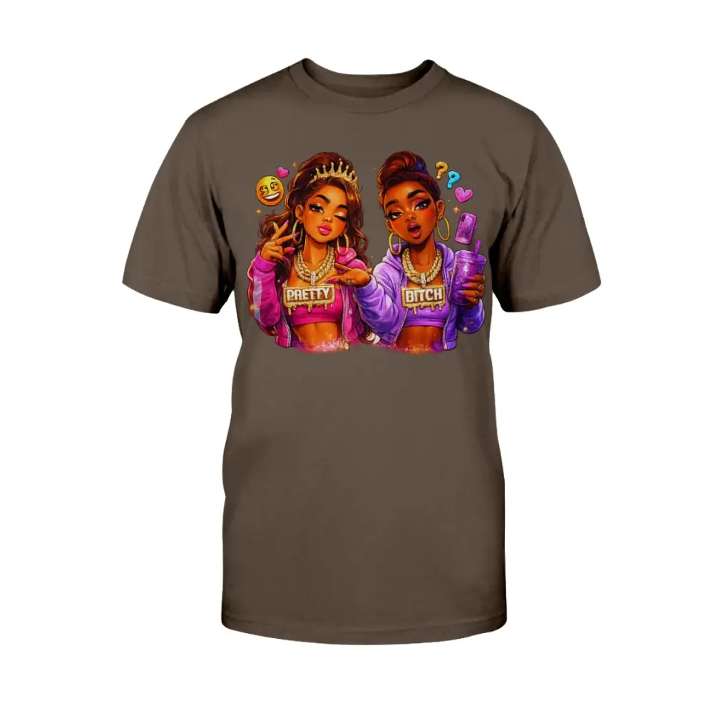 Pretty Bitch Energy graphic tee featuring cartoon baddie illustration on brown shirt, bold women’s streetwear statement t-shirt by Hood Vibez Pretty Bitch Flock