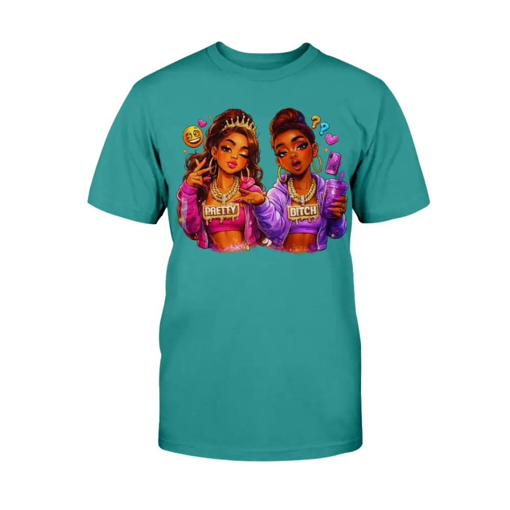 Pretty Bitch Energy graphic tee featuring cartoon baddie illustration on teal shirt, bold women’s streetwear statement t-shirt by Hood Vibez Pretty Bitch Flock