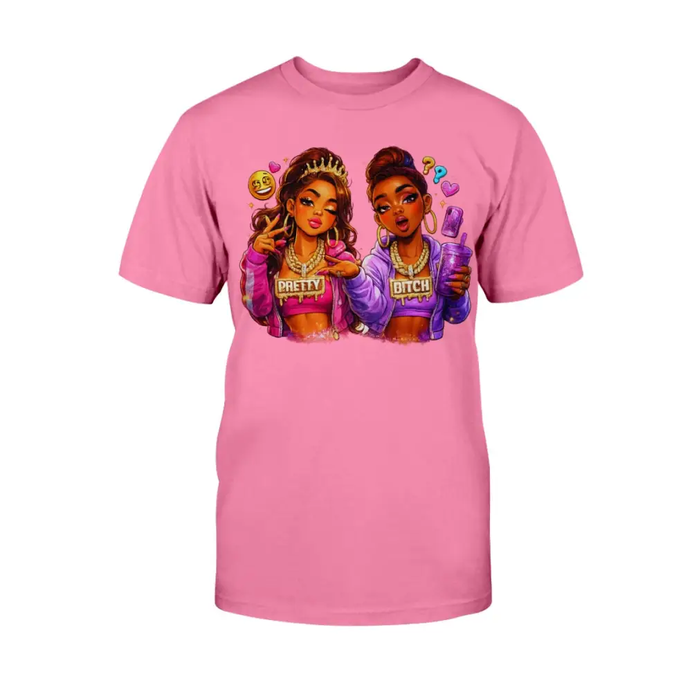 Pretty Bitch Energy graphic tee featuring cartoon baddie illustration on pink shirt, bold women’s streetwear statement t-shirt by Hood Vibez Pretty Bitch Flock