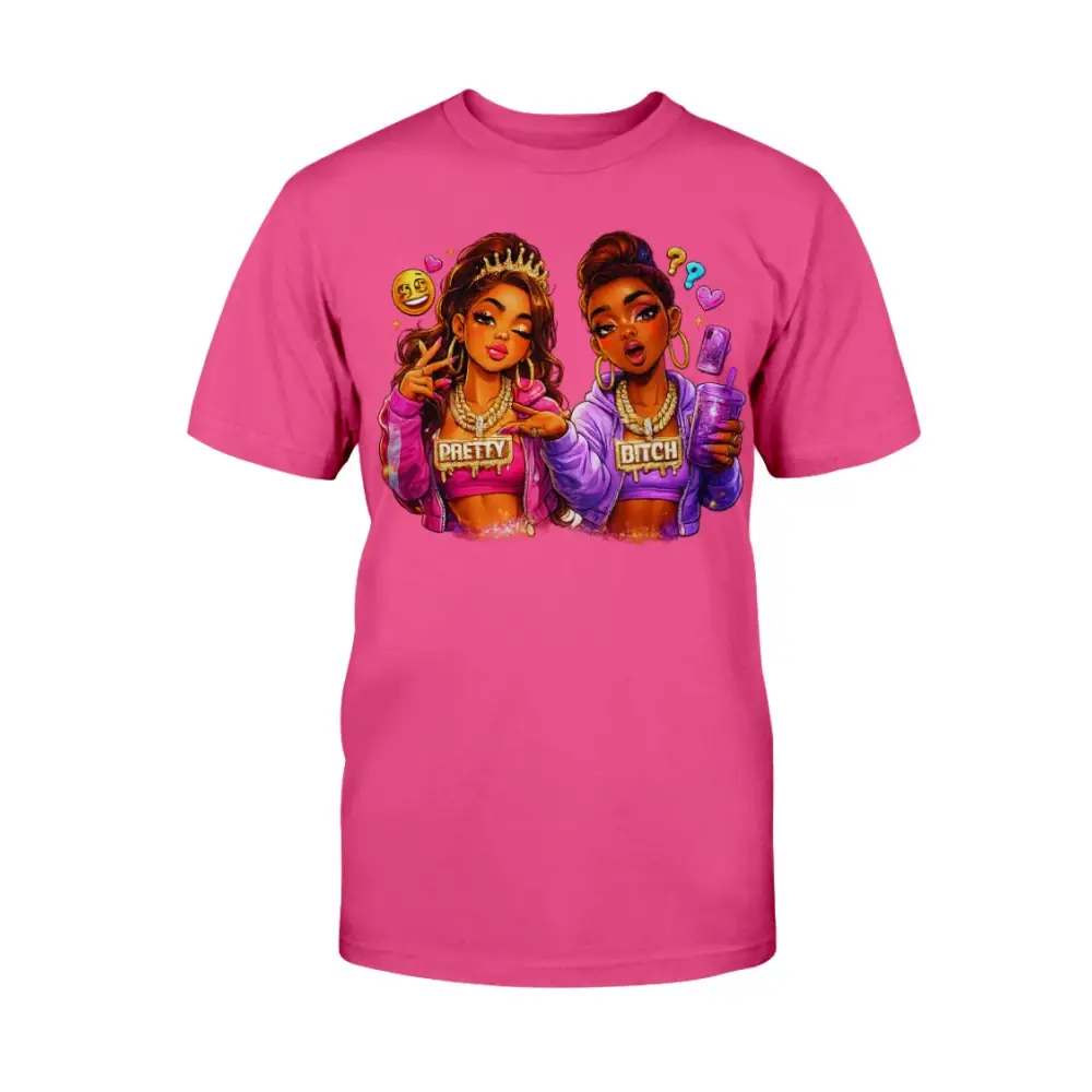Pretty Bitch Energy graphic tee featuring cartoon baddie illustration on pink shirt, bold women’s streetwear statement t-shirt by Hood Vibez Pretty Bitch Flock