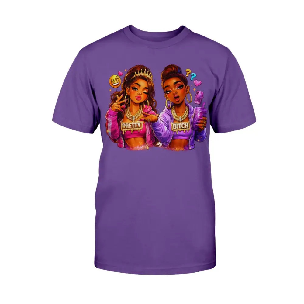 Pretty Bitch Energy graphic tee featuring cartoon baddie illustration on purple shirt, bold women’s streetwear statement t-shirt by Hood Vibez Pretty Bitch Flock