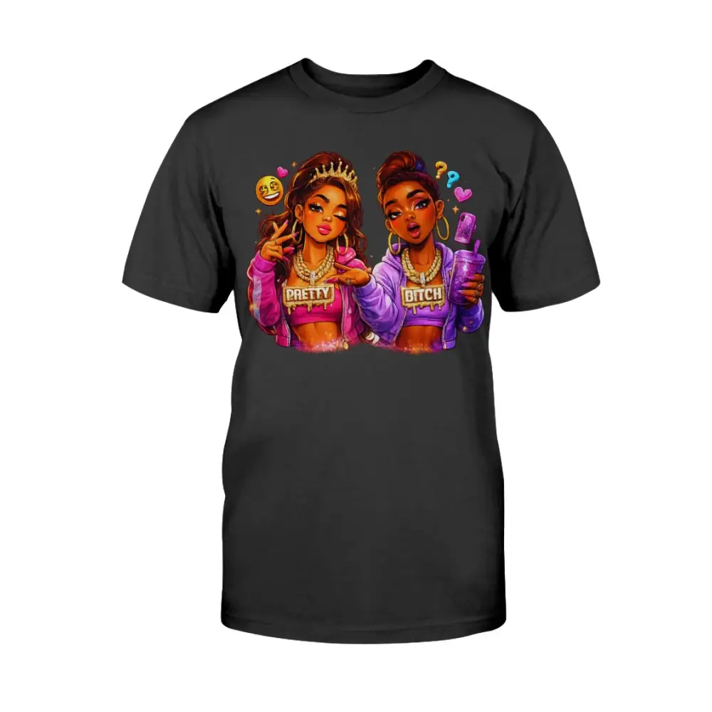 Pretty Bitch Energy graphic tee featuring cartoon baddie illustration on black shirt, bold women’s streetwear statement t-shirt by Hood Vibez Pretty Bitch Flock