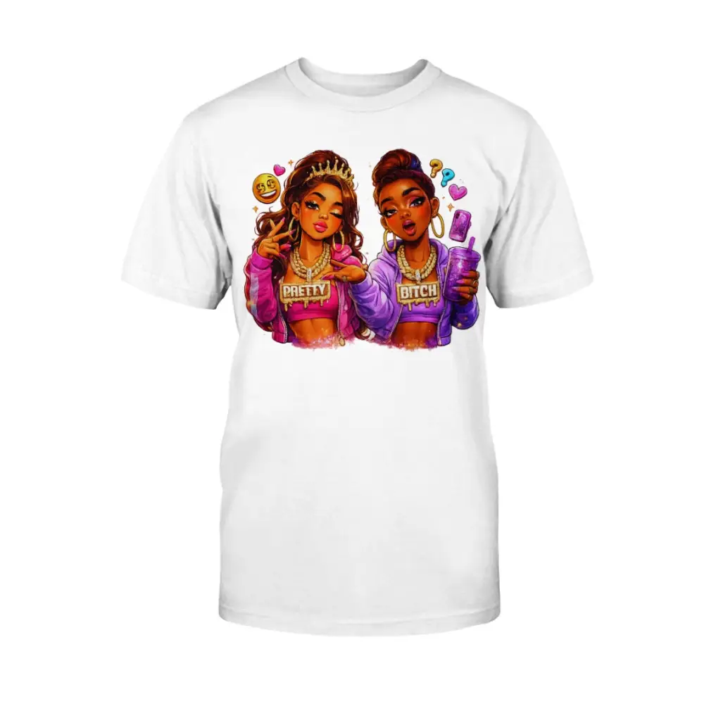 Pretty Bitch Energy graphic tee featuring cartoon baddie illustration on WHITE shirt, bold women’s streetwear statement t-shirt by Hood Vibez Pretty Bitch Flock