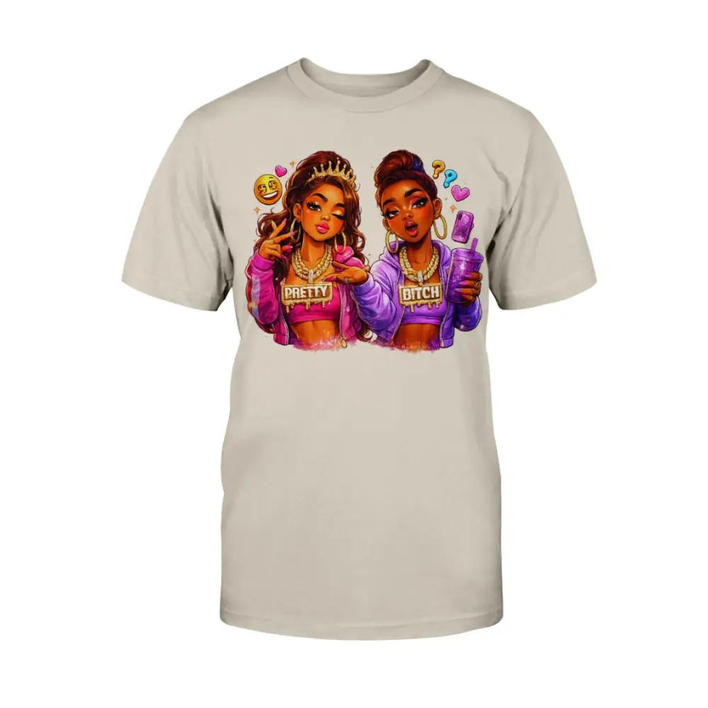 Pretty Bitch Energy graphic tee featuring cartoon baddie illustration on grey shirt, bold women’s streetwear statement t-shirt by Hood Vibez Pretty Bitch Flock