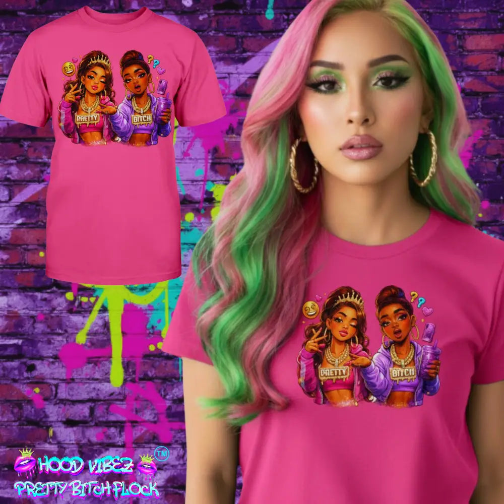 Pretty Bitch Energy graphic tee featuring cartoon baddie illustration on pink shirt, bold women’s streetwear statement t-shirt by Hood Vibez Pretty Bitch Flock