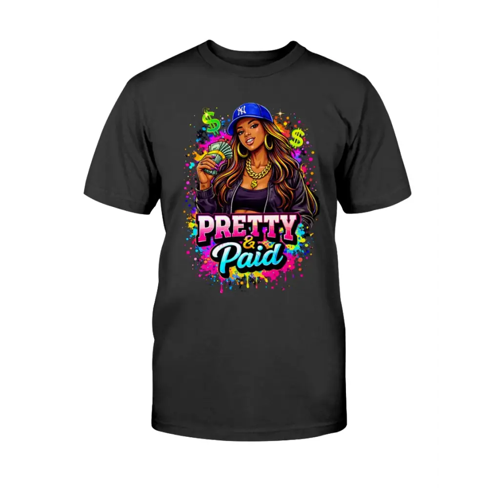 Pretty & Paid graphic t-shirt featuring urban boss babe holding cash, colorful street art background, and bold statement lettering on black tee.