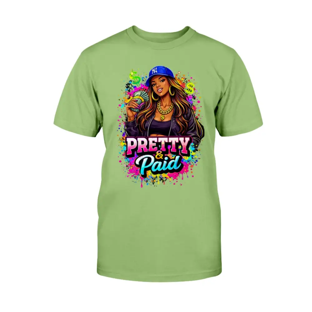 Pretty & Paid graphic t-shirt featuring urban boss babe holding cash, colorful street art background, and bold statement lettering kiwi green tee.