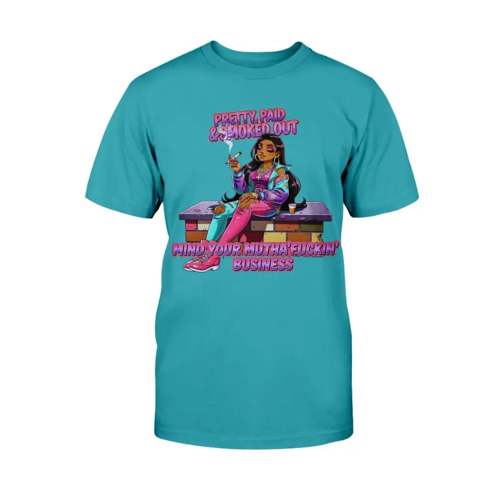 Pretty Paid and Smoked Out graphic tee for women featuring colorful streetwear illustration, urban glam fashion design, bold statement t-shirt, trendy women’s street style graphic shirt by Hood Vibez Pretty Bitch Flock