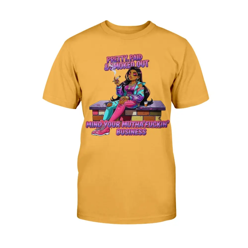 Pretty Paid and Smoked Out graphic tee for women featuring colorful streetwear illustration, urban glam fashion design, bold statement t-shirt, trendy women’s street style graphic shirt by Hood Vibez Pretty Bitch Flock