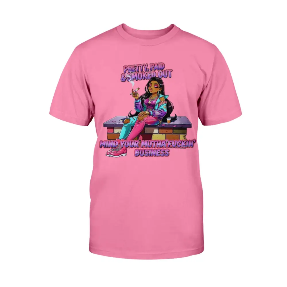Pretty Paid and Smoked Out graphic tee for women featuring colorful streetwear illustration, urban glam fashion design, bold statement t-shirt, trendy women’s street style graphic shirt by Hood Vibez Pretty Bitch Flock