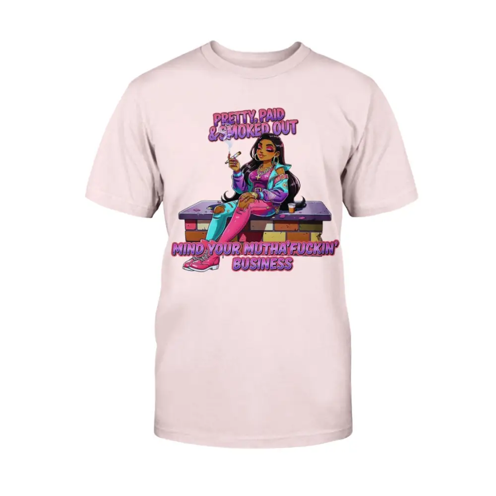 Pretty Paid and Smoked Out graphic tee for women featuring colorful streetwear illustration, urban glam fashion design, bold statement t-shirt, trendy women’s street style graphic shirt by Hood Vibez Pretty Bitch Flock