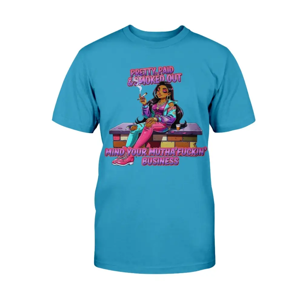 Pretty Paid and Smoked Out graphic tee for women featuring colorful streetwear illustration, urban glam fashion design, bold statement t-shirt, trendy women’s street style graphic shirt by Hood Vibez Pretty Bitch Flock