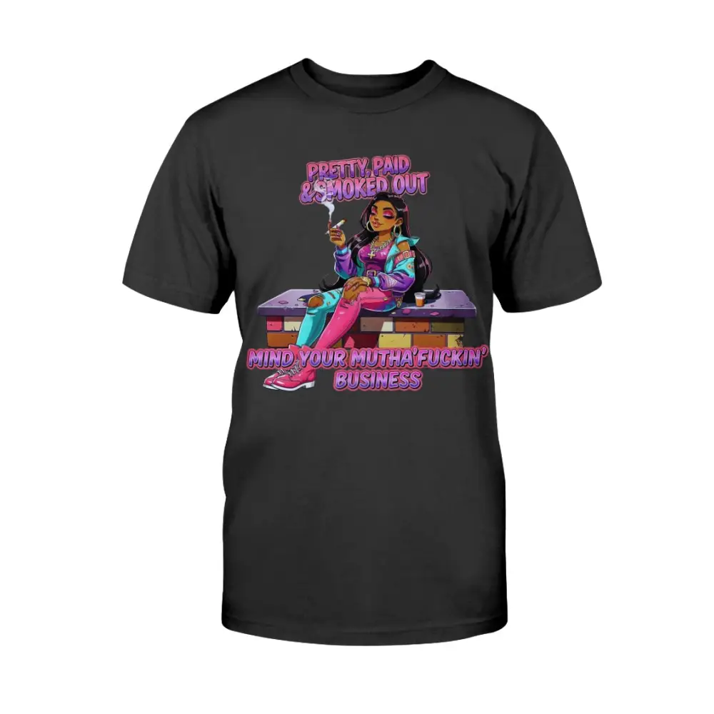 Pretty Paid and Smoked Out graphic tee for women featuring colorful streetwear illustration, urban glam fashion design, bold statement t-shirt, trendy women’s street style graphic shirt by Hood Vibez Pretty Bitch Flock