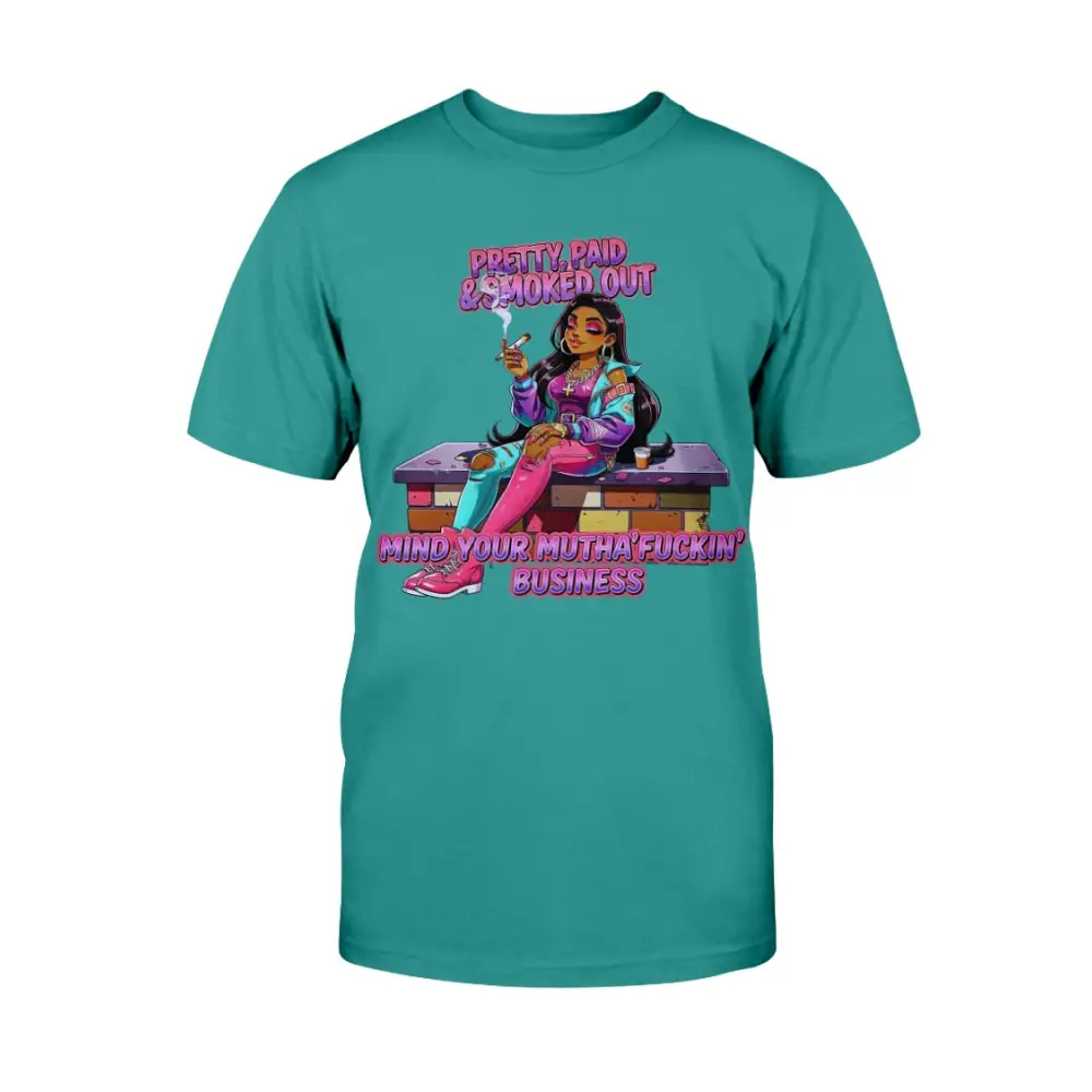 Pretty Paid and Smoked Out graphic tee for women featuring colorful streetwear illustration, urban glam fashion design, bold statement t-shirt, trendy women’s street style graphic shirt by Hood Vibez Pretty Bitch Flock
