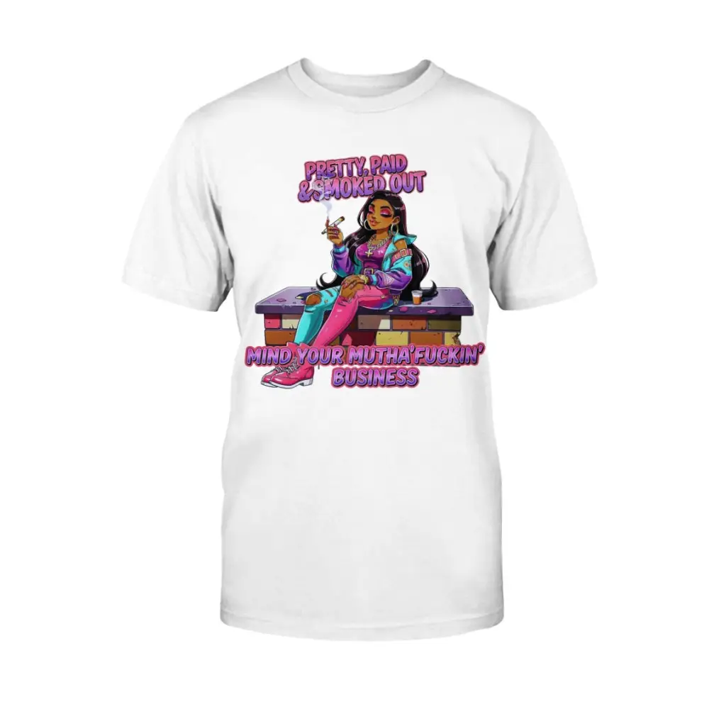 Pretty Paid and Smoked Out graphic tee for women featuring colorful streetwear illustration, urban glam fashion design, bold statement t-shirt, trendy women’s street style graphic shirt by Hood Vibez Pretty Bitch Flock