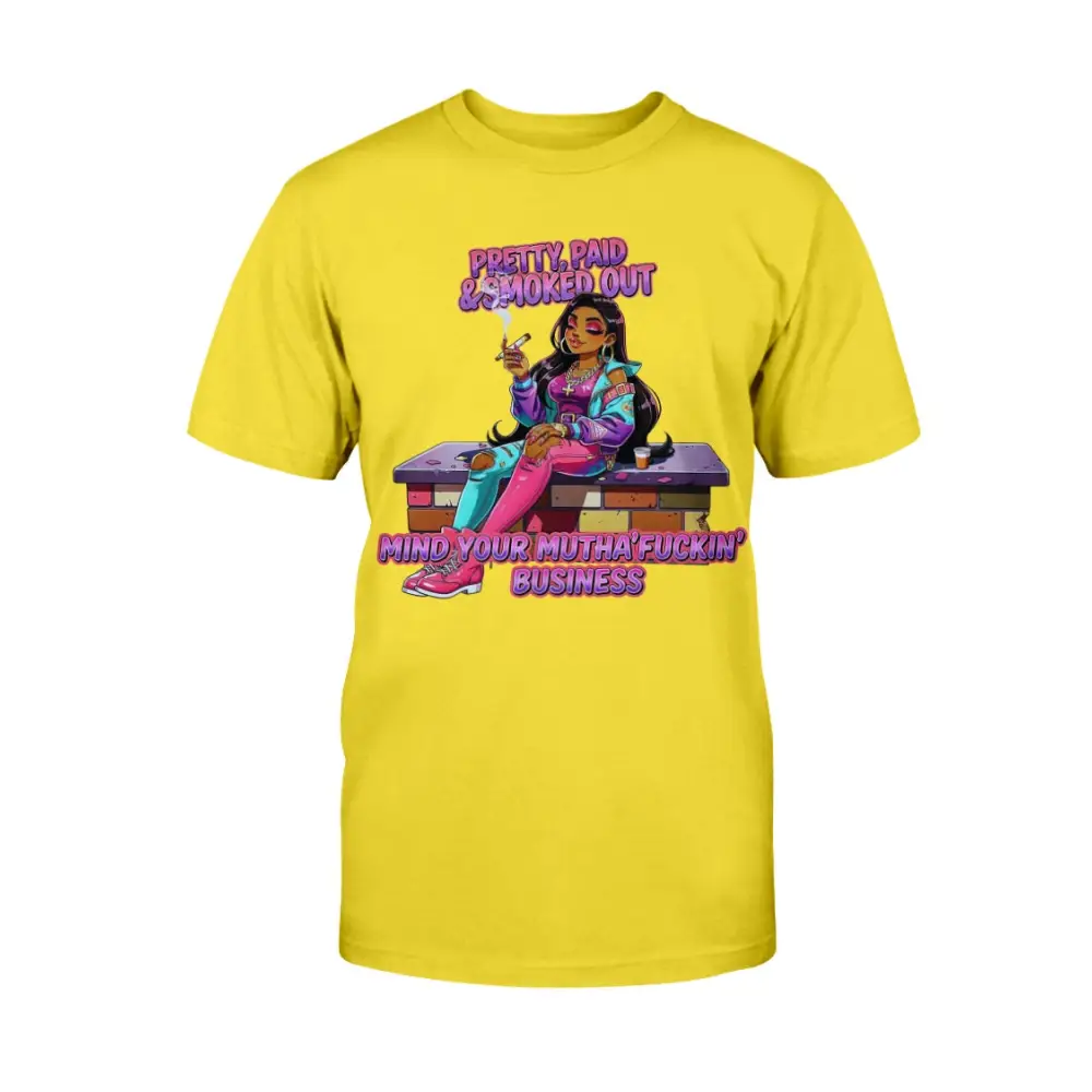 Pretty Paid and Smoked Out graphic tee for women featuring colorful streetwear illustration, urban glam fashion design, bold statement t-shirt, trendy women’s street style graphic shirt by Hood Vibez Pretty Bitch Flock