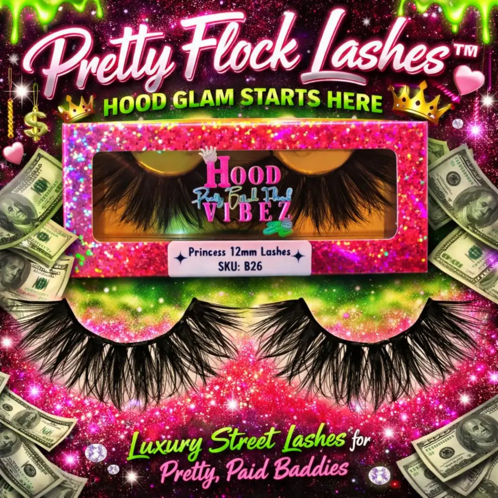 Princess 12mm wispy false lashes by Hood Vibez Pretty Bitch Flock displayed in glitter lash packaging with luxury urban glam collection design