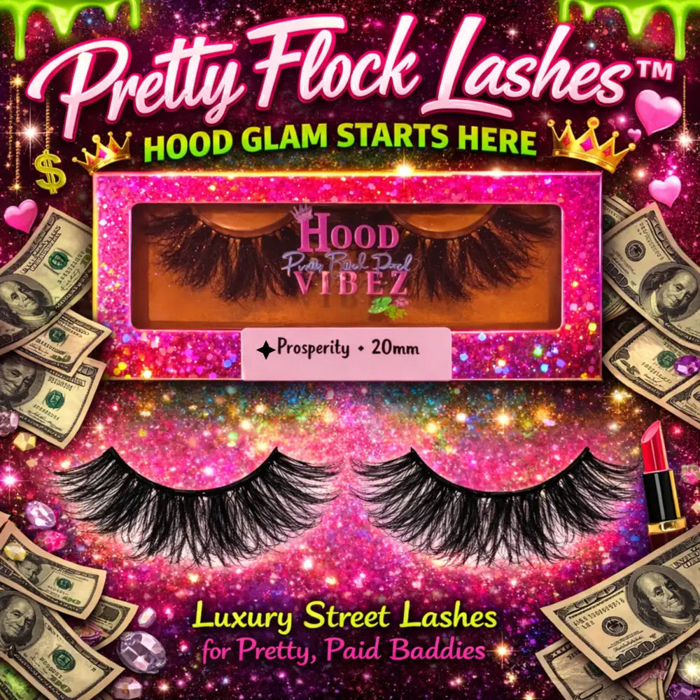 Prosperity 20mm luxury wispy false lashes by Pretty Flock Lashes™, featuring bold fluffy volume, pink glitter packaging, and dramatic luxury street glam lash style for baddies.