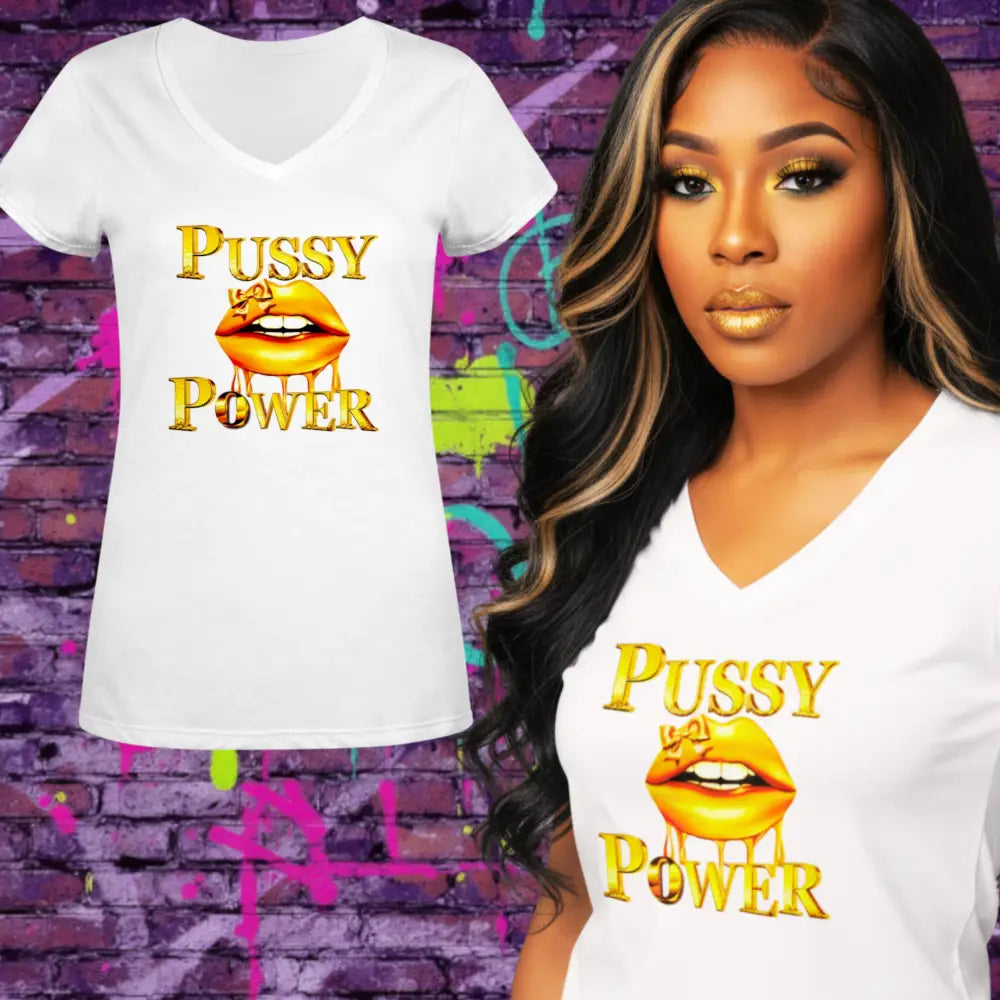 White V-neck t-shirt with 'PUSSY POWER' graphic and a model wearing it against a colorful graffiti wall.