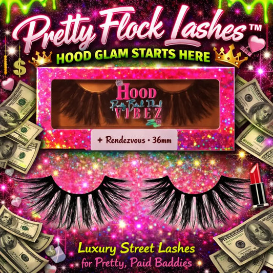 Rendezvous 30mm bold fluffy luxury false lashes by Pretty Flock Lashes featuring dramatic volume, layered texture, and long reusable mink-style strip lashes in glam packaging