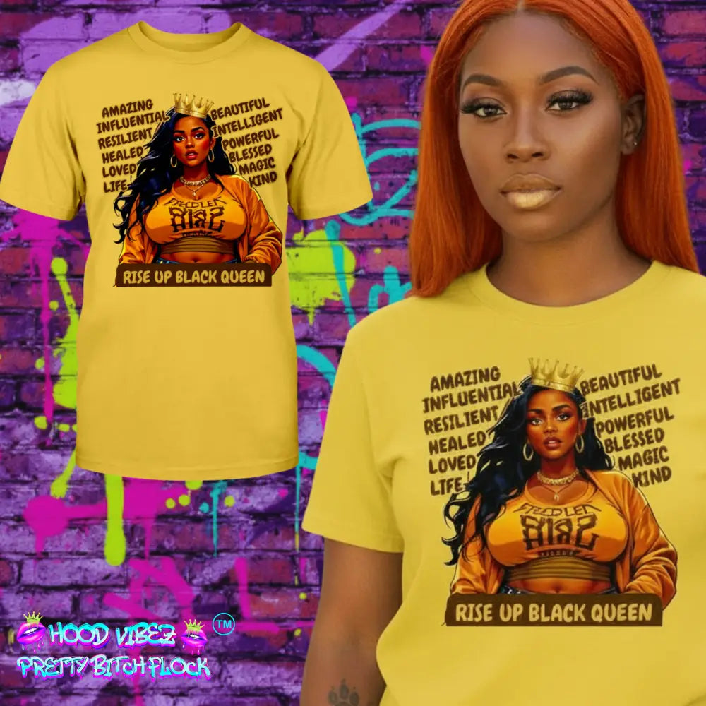 “Rise Up Black Queen graphic tee featuring illustrated Black woman with crown and empowering affirmations on yellow shirt”