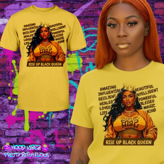 “Rise Up Black Queen graphic tee featuring illustrated Black woman with crown and empowering affirmations on yellow shirt”