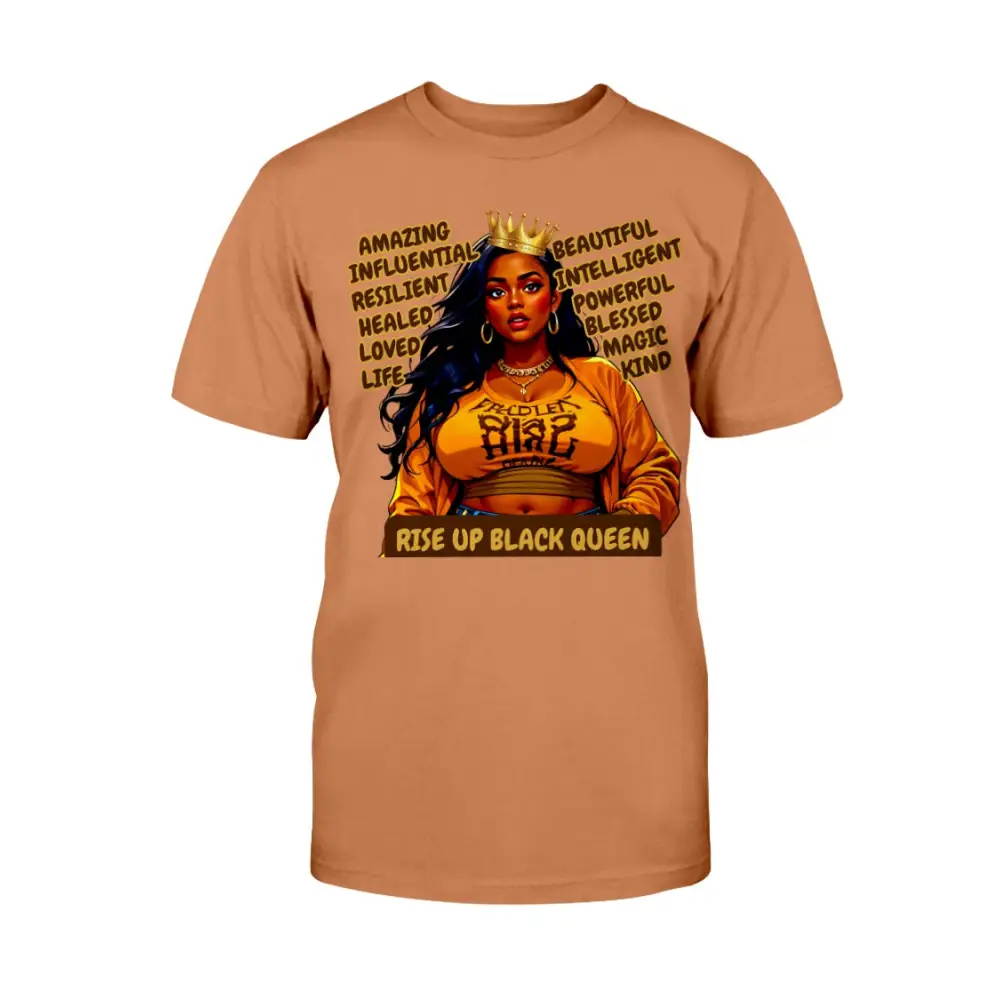 “Rise Up Black Queen graphic tee featuring illustrated Black woman with crown and empowering affirmations on texas orange shirt”
