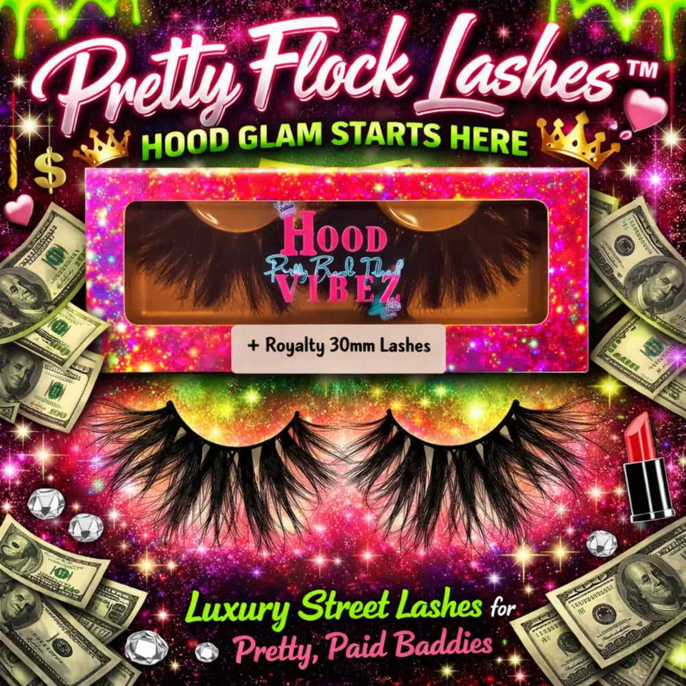 Royalty 30mm extreme wispy luxury false lashes by Pretty Flock Lashes featuring dramatic volume, flared shape, and bold glam finish in glitter lash packaging