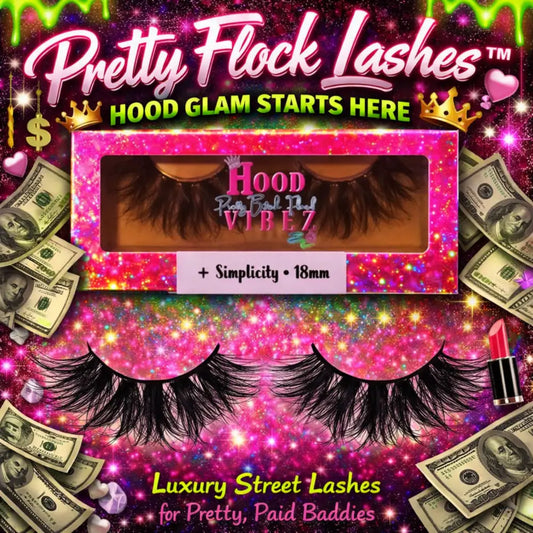 Simplicity 18mm soft wispy luxury false lashes by Pretty Flock Lashes featuring lightweight volume, natural glam finish, and reusable mink-style lash fibers in pink glitter packaging.