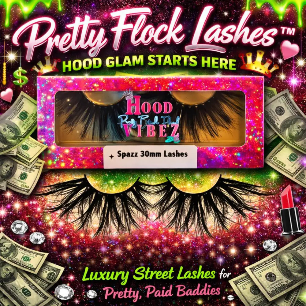 Spazz Lashes 30mm bold wispy false lashes by Hood Vibez Pretty Bitch Flock in glitter luxury packaging from the Pretty Flock Lash Collection