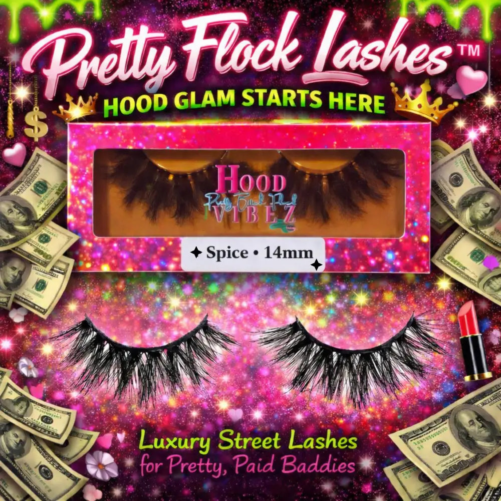 Pretty Flock Lashes Spice 14mm wispy blend false eyelashes in glitter pink packaging with luxury street lash branding and bold fluttery lash style