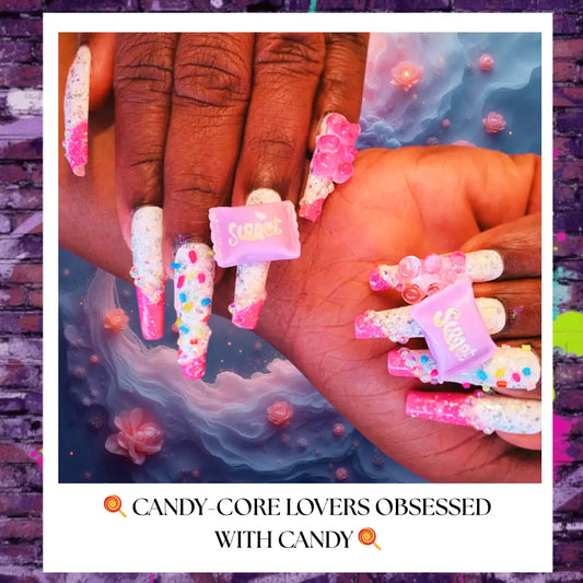 “Sweet Candy Sprinkle press on nails with glitter, colorful sprinkles, and 3D Sweet charms displayed on hands against a bright  pink background.”