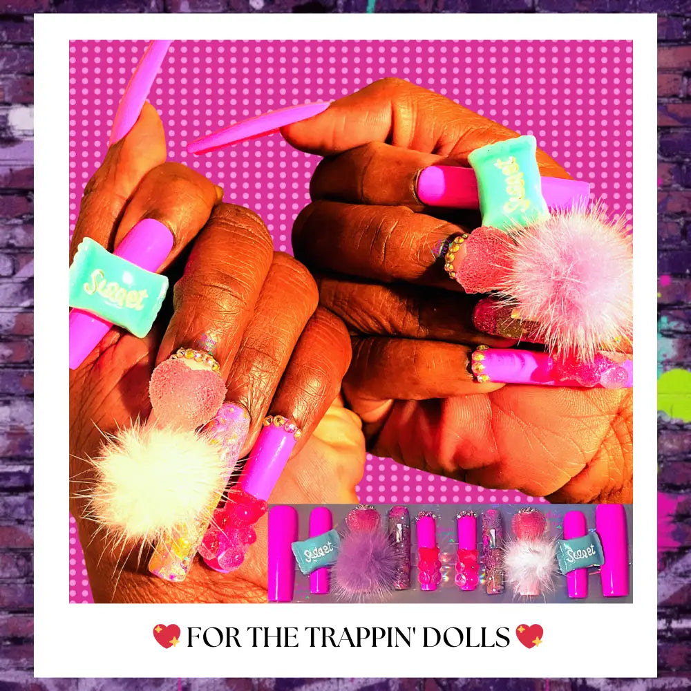Trap Barbie pink press on nails with rhinestones, candy charms, and fluffy pom-pom accents