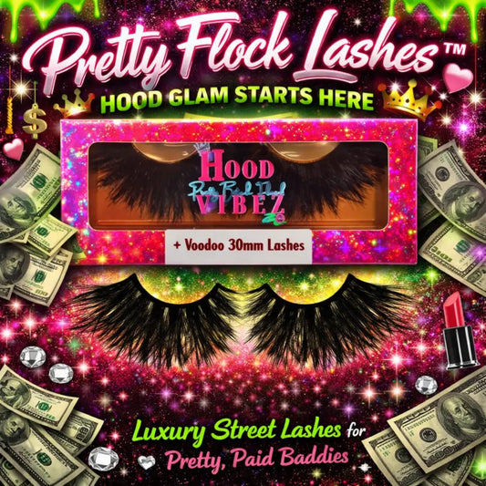 Voodoo 30mm bold wispy false lashes by Hood Vibez Pretty Bitch Flock displayed in glitter luxury packaging from the Pretty Flock Lashes Collection