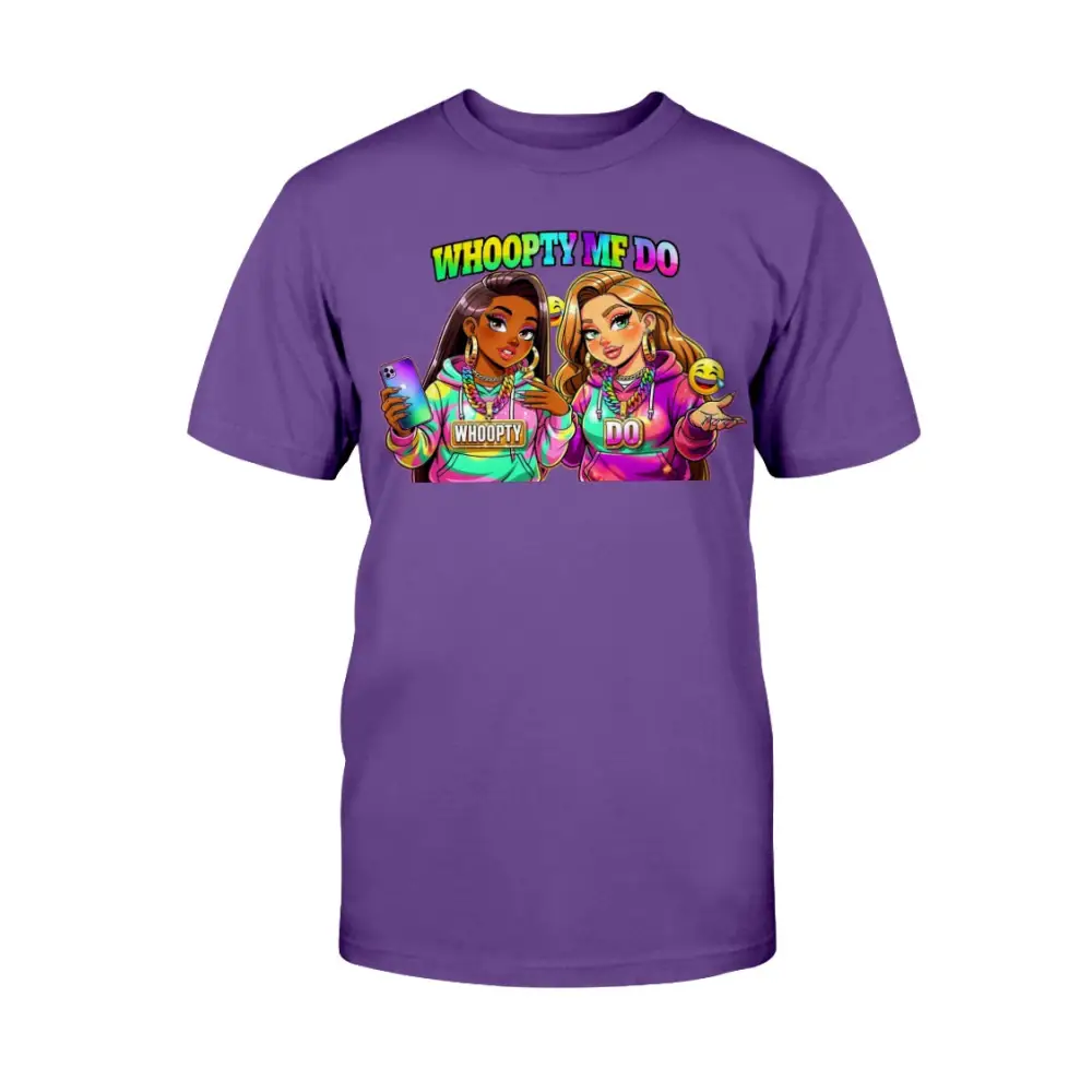 Whoopty Me Do graphic tee for women featuring colorful cartoon baddies and bold streetwear typography on purple shirt, funny urban fashion statement by Hood Vibez Pretty Bitch Flock