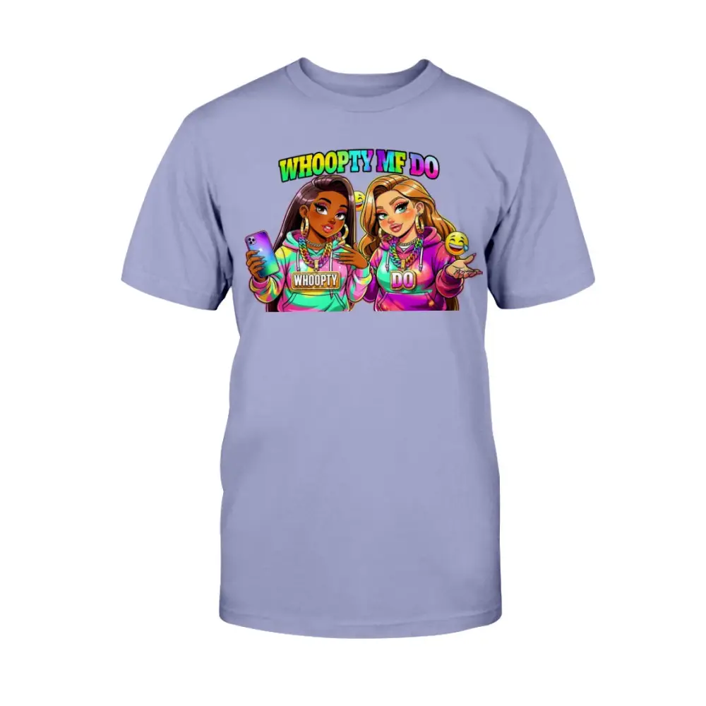 Whoopty Me Do graphic tee for women featuring colorful cartoon baddies and bold streetwear typography on lavender shirt, funny urban fashion statement by Hood Vibez Pretty Bitch Flock