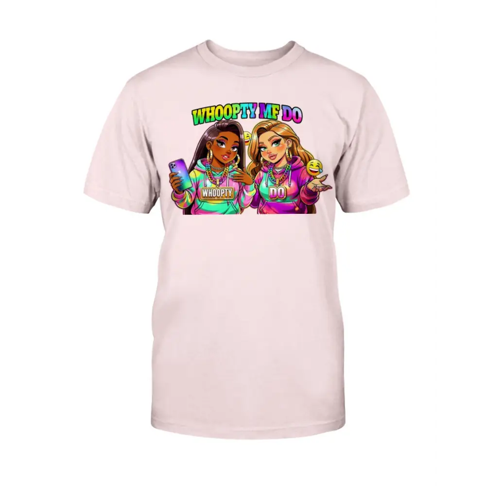 Whoopty Me Do graphic tee for women featuring colorful cartoon baddies and bold streetwear typography on light pink shirt, funny urban fashion statement by Hood Vibez Pretty Bitch Flock